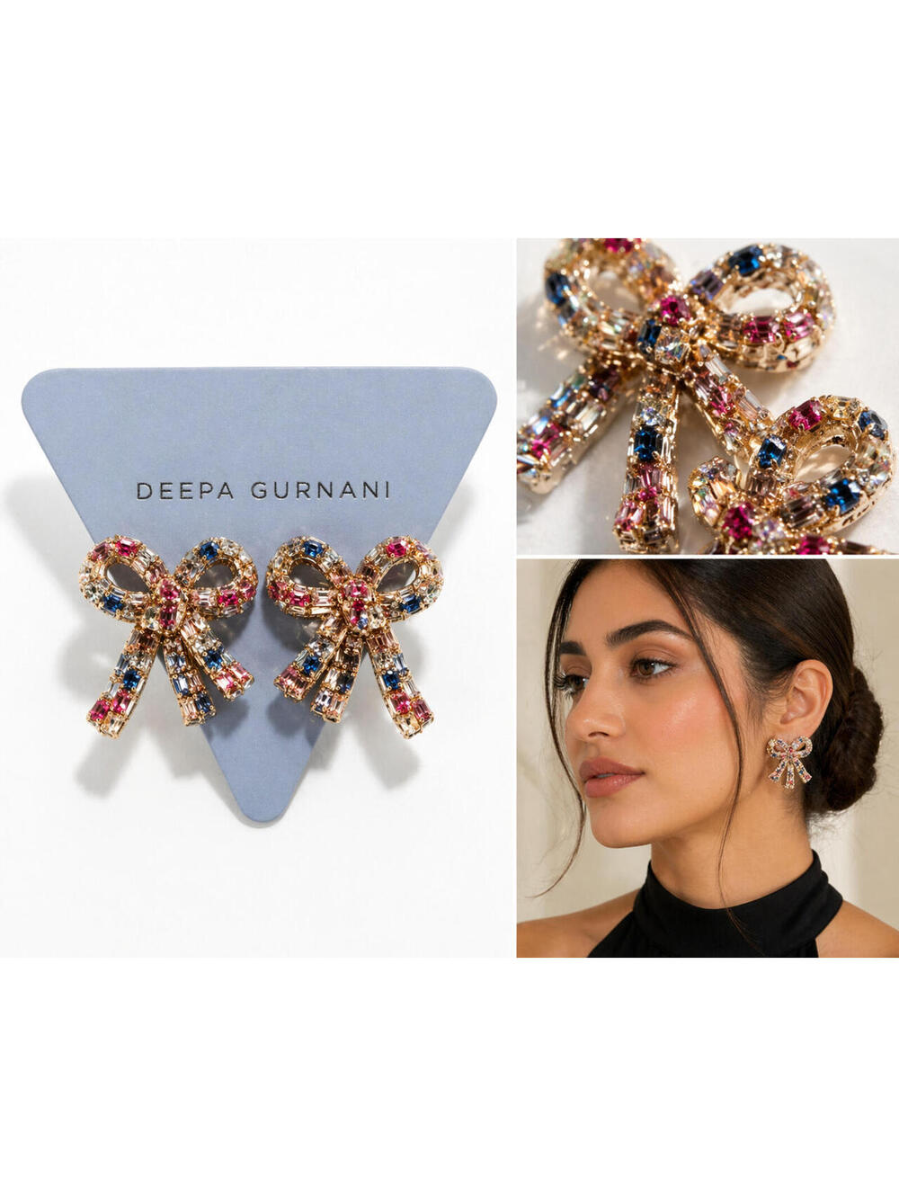Deepa Gurnani Crystal Bow Earrings Multicolor Rhinestone Statement Luxury